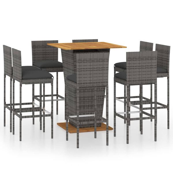 vidaXL 9 Piece Garden Bar Set with Cushions Poly Rattan Grey
