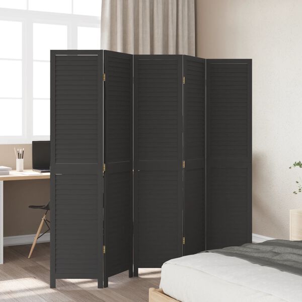 vidaXL Room Divider 5 Panels Black Solid Wood Paulownia