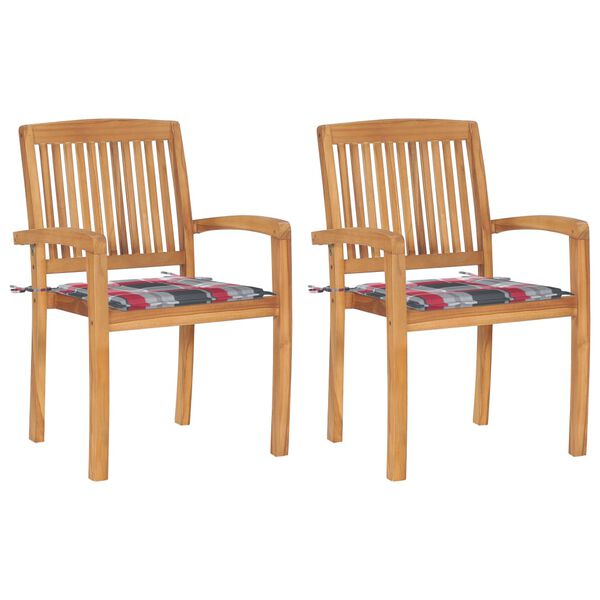 vidaXL Garden Chairs 2 pcs Red Check Pattern Cushions Solid Teak Wood