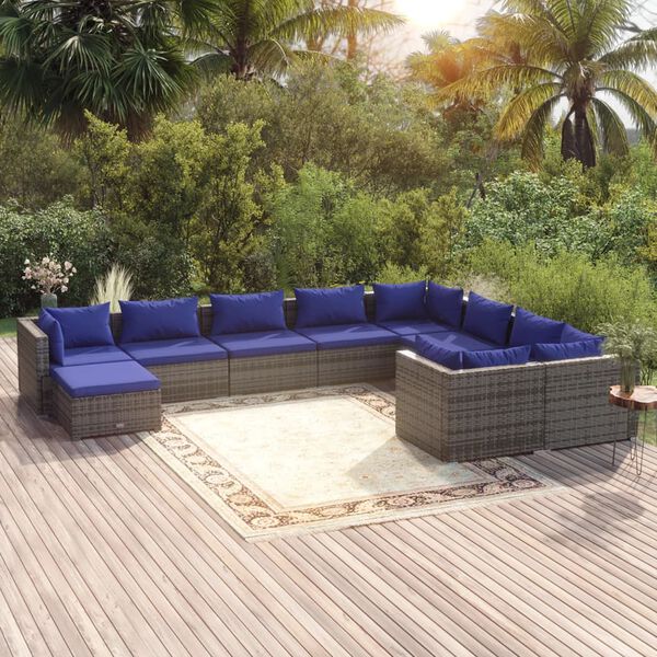 vidaXL 10 Piece Garden Lounge Set with Cushions Poly Rattan Grey