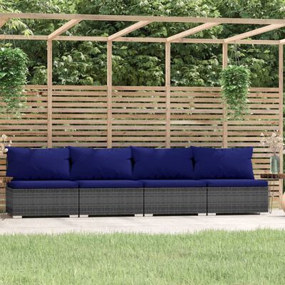 vidaXL 4-Seater Sofa with Cushions Grey Poly Rattan