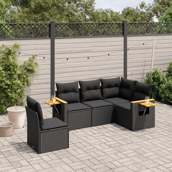 vidaXL 5 Piece Garden Sofa Set with Cushions Black Poly Rattan