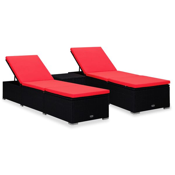 vidaXL 3 Piece Garden Sun Loungers with Tea Table Poly Rattan Black