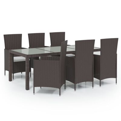 vidaXL 7 Piece Outdoor Dining Set with Cushions Poly Rattan Brown