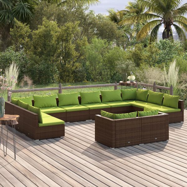 vidaXL 12 Piece Garden Lounge Set with Cushions Brown Poly Rattan