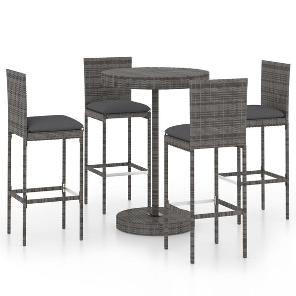 vidaXL 5 Piece Garden Bar Set with Cushions Poly Rattan Grey
