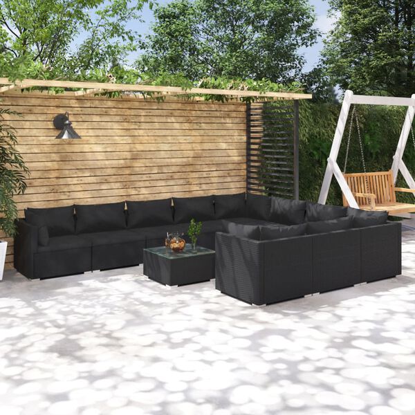 vidaXL 11 Piece Garden Lounge Set with Cushions Poly Rattan Black
