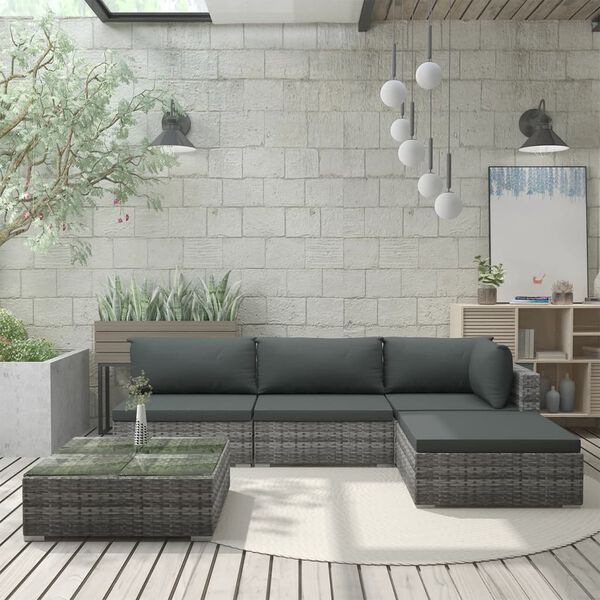 vidaXL 5 Piece Garden Lounge Set with Cushions Poly Rattan Grey