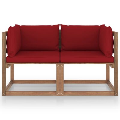 vidaXL Garden 2-Seater Pallet Sofa with Wine Red Cushions Pinewood