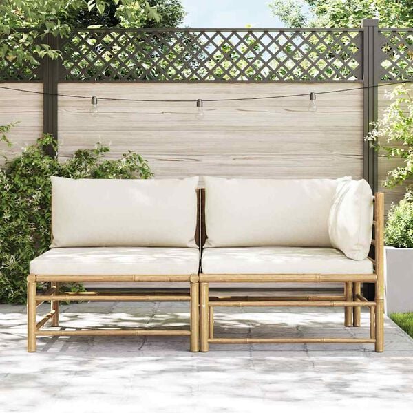 vidaXL 2 Piece Garden Lounge Set with Cream White Cushions Bamboo