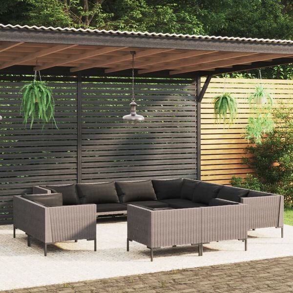 vidaXL 11 Piece Garden Lounge Set with Cushions Poly Rattan Dark Grey