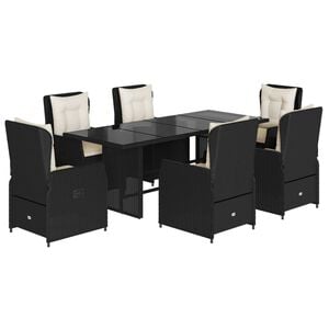 vidaXL 7 Piece Garden Dining Set with Cushions Black Poly Rattan