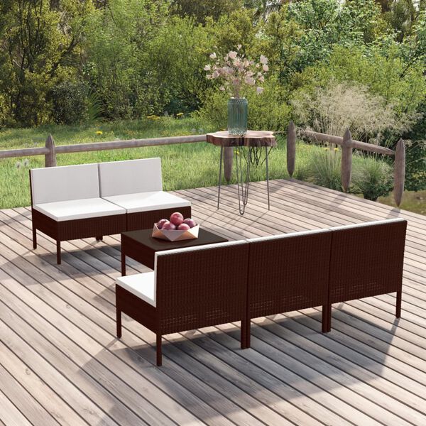 vidaXL 6 Piece Garden Lounge Set with Cushions Poly Rattan Brown