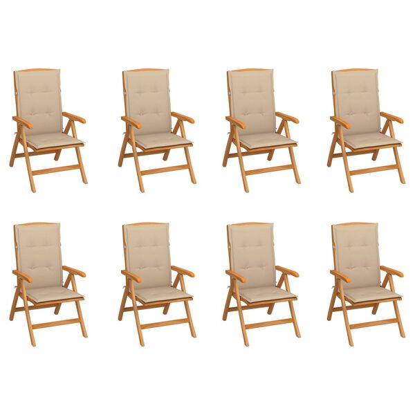 vidaXL Reclining Garden Chairs with Cushions 8 pcs Solid Teak Wood