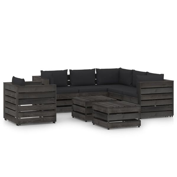 vidaXL 8 Piece Garden Lounge Set with Cushions Grey Impregnated Wood