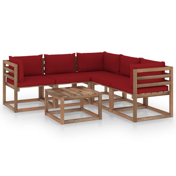 vidaXL 6 Piece Garden Lounge Set Wine Red Cushion Impregnated Pinewood