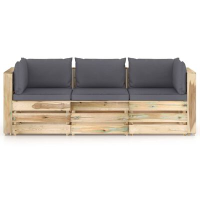 vidaXL 3-Seater Garden Sofa with Cushions Green Impregnated Wood