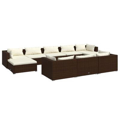 vidaXL 10 Piece Garden Lounge Set with Cushions Brown Poly Rattan