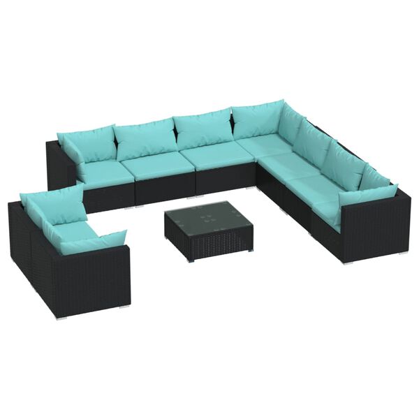 vidaXL 10 Piece Garden Lounge Set with Cushions Black Poly Rattan