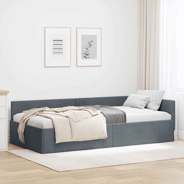 vidaXL Corner Bed Frame Dark Grey 90 cm x 200 cm Polyester and Plywood