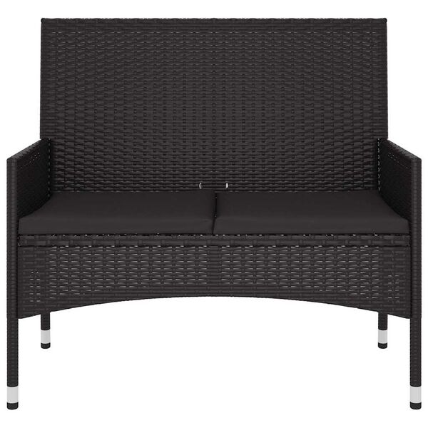 vidaXL 2-Seater Garden Bench with Cushions Black Poly Rattan