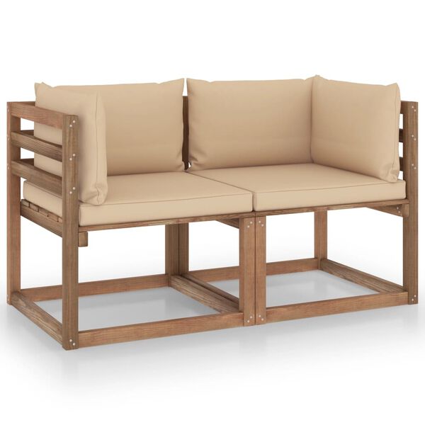 vidaXL Garden 2-Seater Pallet Sofa with Beige Cushions Pinewood