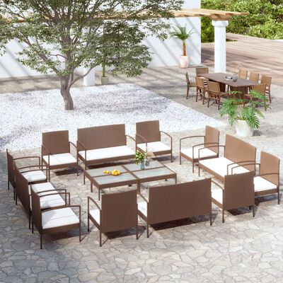 vidaXL 16 Piece Garden Lounge Set with Cushions Poly Rattan Brown