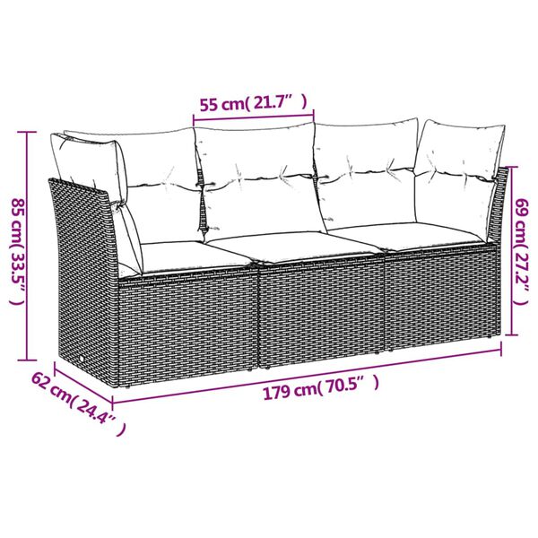 vidaXL 3 Piece Garden Sofa Set with Cushions Black Poly Rattan