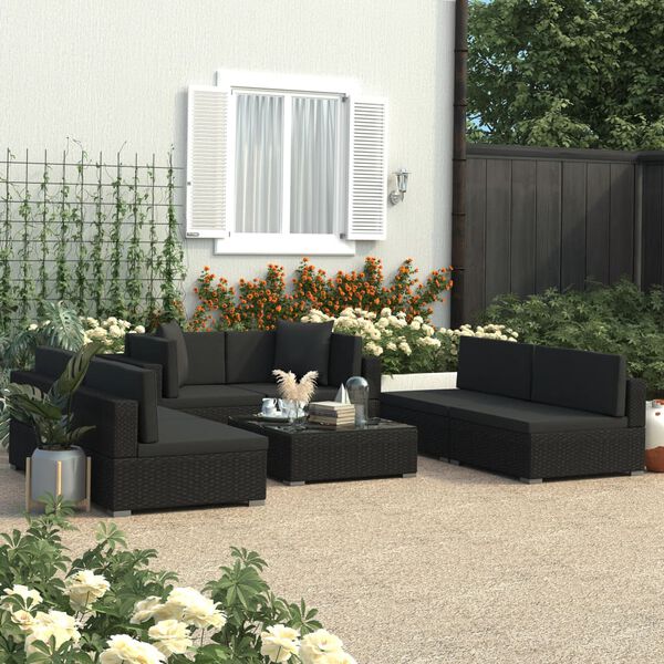 vidaXL 7 Piece Garden Lounge Set Black with Cushions Poly Rattan