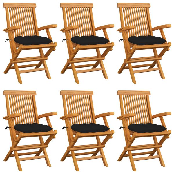 vidaXL Garden Chairs with Black Cushions 6 pcs Solid Teak Wood