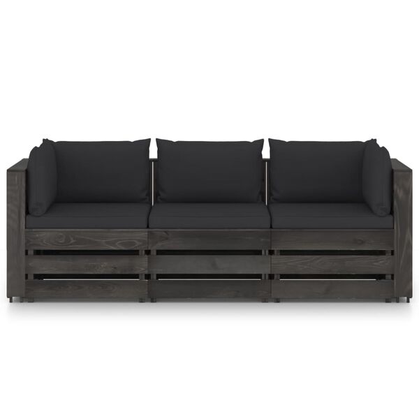 vidaXL 3-Seater Garden Sofa with Cushions Grey Impregnated Wood
