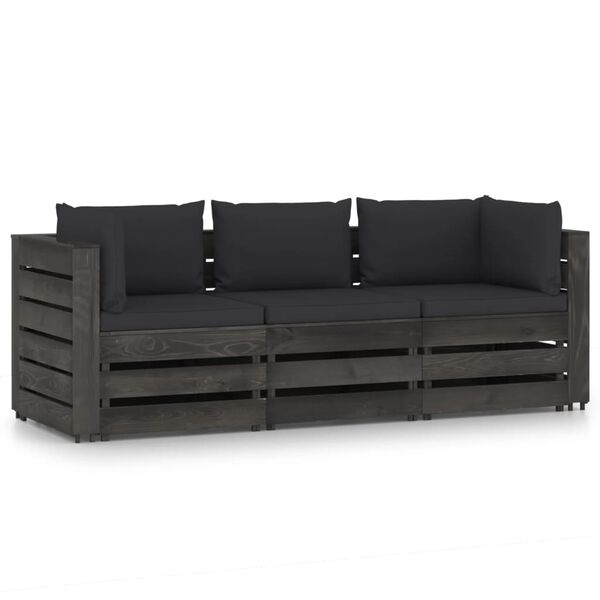vidaXL 3-Seater Garden Sofa with Cushions Grey Impregnated Wood