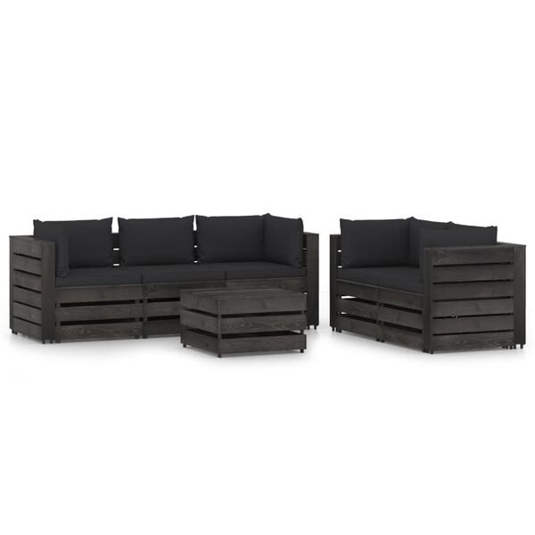 vidaXL 6 Piece Garden Lounge Set with Cushions Grey Impregnated Wood