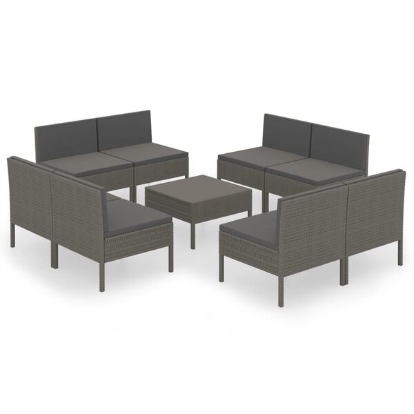 vidaXL 9 Piece Garden Lounge Set with Cushions Poly Rattan Grey