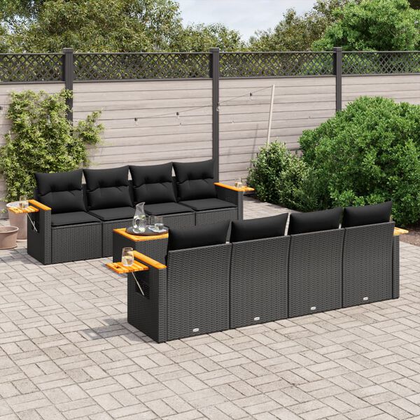 vidaXL 9 Piece Garden Sofa Set with Cushions Black Poly Rattan