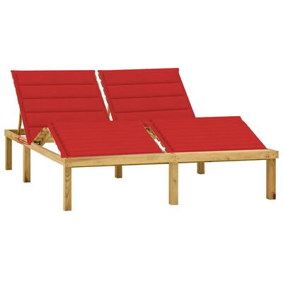 vidaXL Double Sun Lounger & Red Cushions Impregnated Pinewood