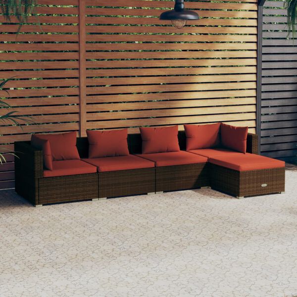 vidaXL 5 Piece Garden Lounge Set with Cushions Poly Rattan Brown