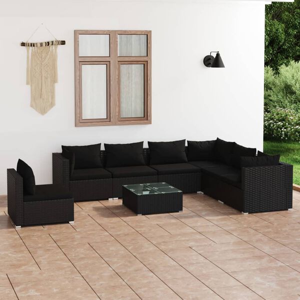 vidaXL 8 Piece Garden Lounge Set with Cushions Poly Rattan Black