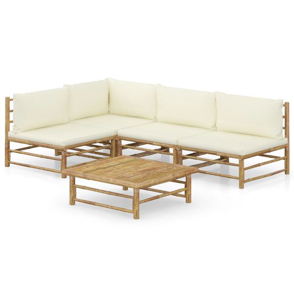 vidaXL 5 Piece Garden Lounge Set with Cream White Cushions Bamboo