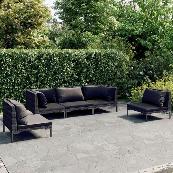 vidaXL 5 Piece Garden Lounge Set with Cushions Poly Rattan Dark Grey
