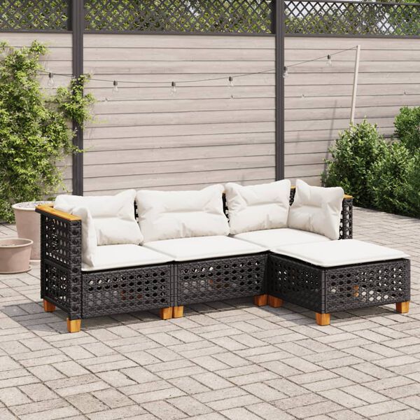 vidaXL 4 Piece Garden Sofa Set with Cushions Black Poly Rattan