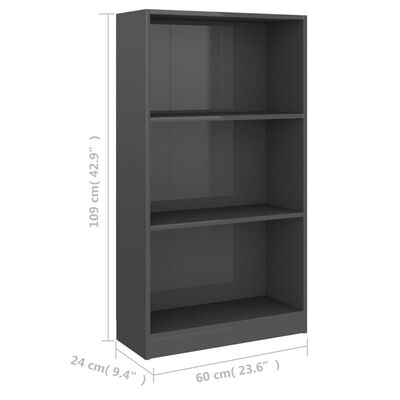vidaXL 3-Tier Book Cabinet High Gloss Grey 60x24x109 cm Engineered Wood