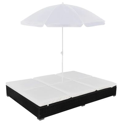 vidaXL Outdoor Lounge Bed with Umbrella Poly Rattan Black