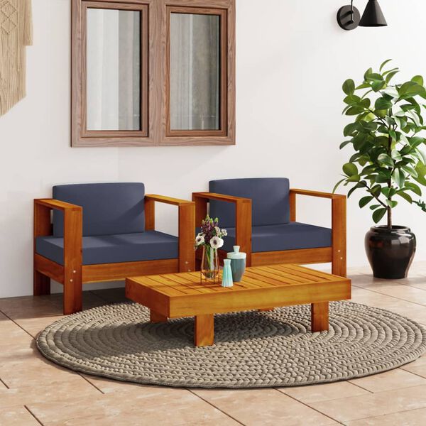 vidaXL 3 Piece Garden Lounge Set with Dark Grey Cushions Solid Wood