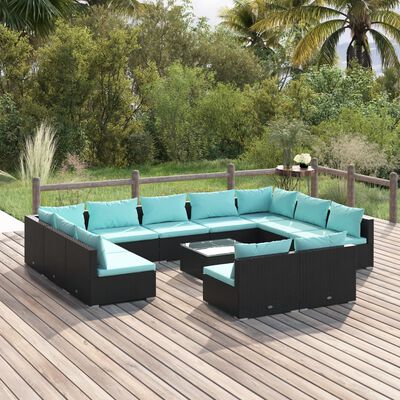 vidaXL 12 Piece Garden Lounge Set with Cushions Black Poly Rattan