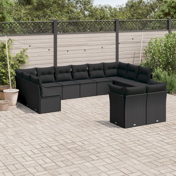 vidaXL 12 Piece Garden Sofa Set with Cushions Black Poly Rattan