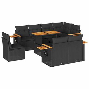 vidaXL 9 Piece Garden Sofa Set with Cushions Black Poly Rattan Acacia