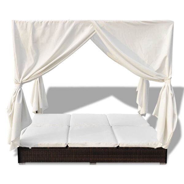 vidaXL Outdoor Lounge Bed with Curtains Poly Rattan Brown
