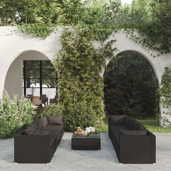 vidaXL 9 Piece Garden Lounge Set with Cushions Poly Rattan Black