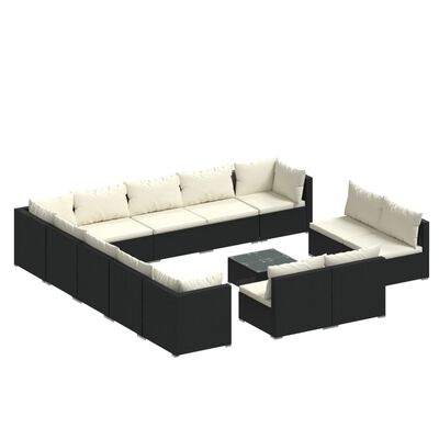 vidaXL 14 Piece Garden Lounge Set with Cushions Black Poly Rattan